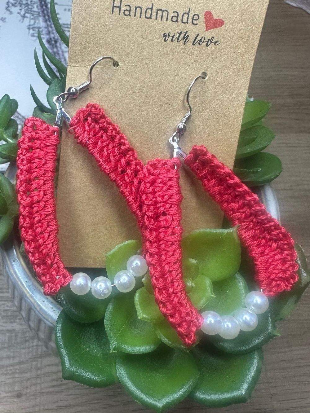 Handmade Red Crochet and Pearl Drop Earrings